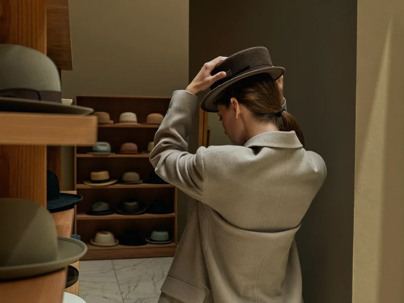Person von hinten beim Anprobieren eines Huts vor einem Standspiegel